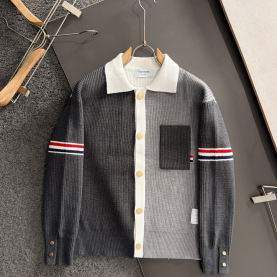 [THOM BROWNE-톰브라운]3색 스트라이프 가디건 스탠드 칼라 울 스웨터