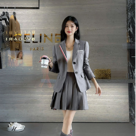 [THOM BROWNE-톰브라운]울 싱글 재킷 블레이저 플리츠 미니 스커트 투피스 세트